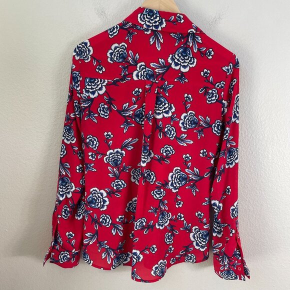 Express Portofino Shirt Womens Small Slim Fit Red Floral Button Up Blouse Top - Picture 7 of 8